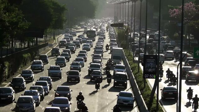 Traffic jam on 23 de Maio avenue, both directions, south of Sao Paulo,