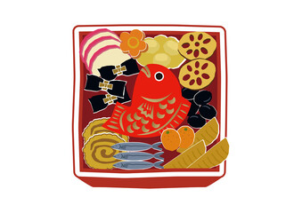 正月素材。お節料理のイラスト。正月料理。日本のお正月。