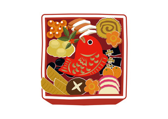 正月素材。お節料理のイラスト。正月料理。日本のお正月。