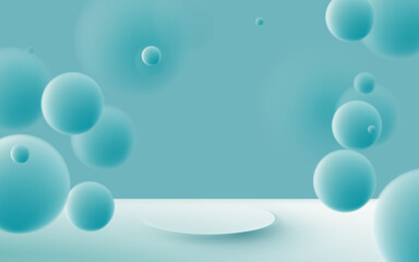 Soft blue and white product display mockup. 3d podium with Bubble balls floating. Vector illustration