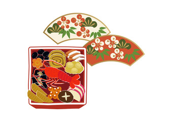 正月素材。お節料理のイラスト。正月料理。日本のお正月。