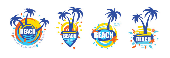 A set of vector icons for the beach with the image of a palm tree and the sea