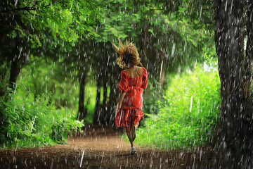 girl rain spring park, young attractive romantic female