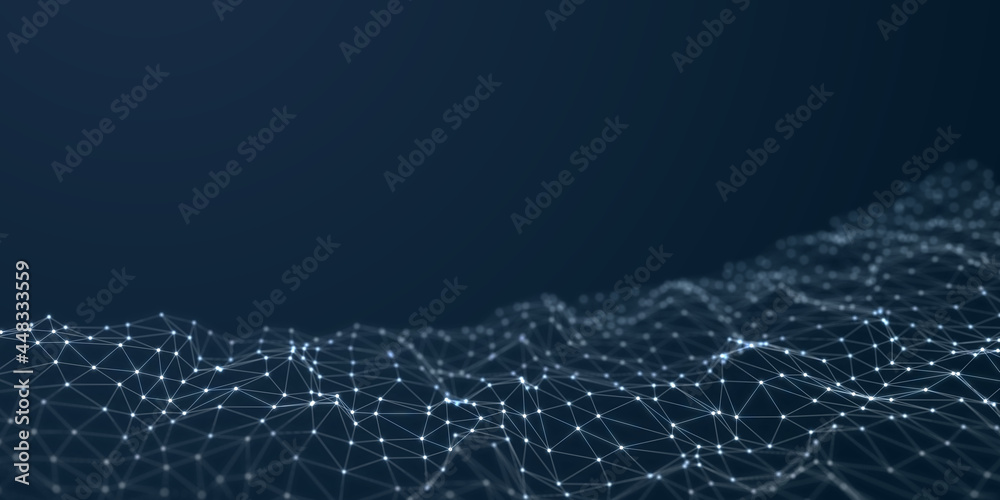 Fototapete abstract shiny colorful glow defocused digital particle waves with bokeh. plexus background with shi
