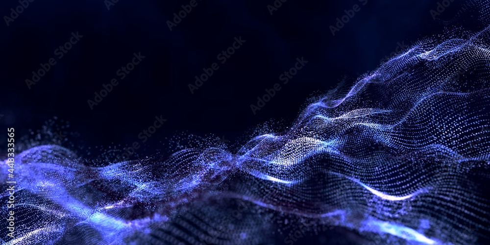 Fototapete abstract shiny colorful glow defocused digital particle waves with bokeh. plexus background with shi