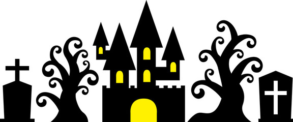ハロウィンの城・木・墓のシルエット