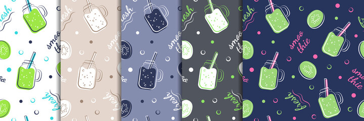 Set of seamless patterns. Summer vector backgrounds with kiwi smoothies in five different colors. Fresh fruit drinks. Sketch banner, template, print for textiles