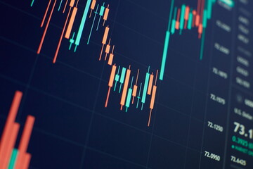 New modern computer and business strategy as concept. Financial diagram with candlestick chart used in market analysis for variation report of share price