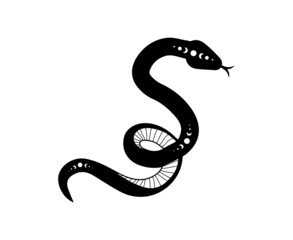 Magic snake in boho style with moon. Mystical symbol in a trendy minimalist style. Esoteric vector illustration.