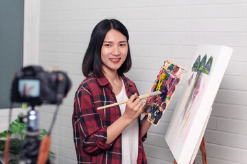 Artist creating video painting tutorial creative imagination artistic, Asian woman video recording...