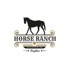 Retro Vintage Silhouette Horse Ranch Logo Design. Countryside western country farm ranch logo vector illustration design graphic