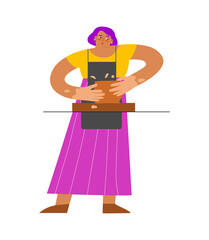 Vector isolated flat illustration with adult Caucasian woman working at pottery wheel. Student learns to make ceramic pot. Her hands, apron are stained with clay. Creative hobby of craftswoman