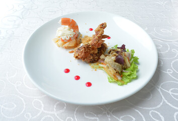 cold cut appetiser platter with meat, roasted, seafood, dim sum, scallop, sushi in white background asian halal menu