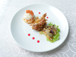 cold cut appetiser platter with meat, roasted, seafood, dim sum, scallop, sushi in white background asian halal menu