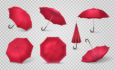 Red Realistic Umbrella Icon Set - obrazy, fototapety, plakaty