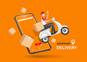 The courier is riding a motorcycle or scooter. float out of the smartphone And there are parcel boxes floating in the air around the smartphone for delivery and shopping online concept,vector 3d