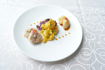 cold cut appetiser platter with meat, roasted, seafood, dim sum, scallop, sushi in white background asian halal menu