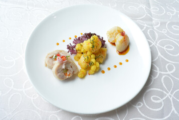 cold cut appetiser platter with meat, roasted, seafood, dim sum, scallop, sushi in white background asian halal menu