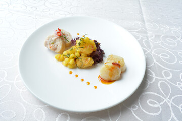 cold cut appetiser platter with meat, roasted, seafood, dim sum, scallop, sushi in white background asian halal menu