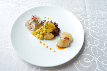 cold cut appetiser platter with meat, roasted, seafood, dim sum, scallop, sushi in white background asian halal menu