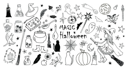 Halloween, magic. Vector set of contour drawings isolated on a white background.