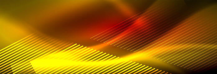 Neon glowing lines, magic energy and light motion background. Vector wallpaper template