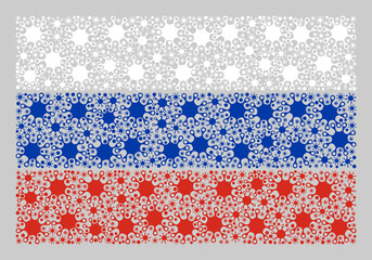 Mosaic Russia flag designed of virulent icons. Vector coronavirus collage Russia flag constructed for vaccination applications. Designed for political or patriotic posters.