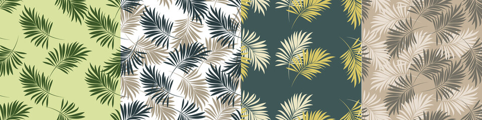 Palm leaves. Seamless pattern with leaves of tropical plants with blooming flowers. Vector floral design. Set.