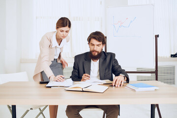 business men and women at work desk office communication emotions