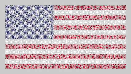 Mosaic USA flag designed of coronavirus items. Vector coronavirus mosaic USA flag constructed for inoculation purposes. Designed for political or patriotic proclamations.