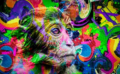 Fotobehang apenkop met creatieve kleurrijke abstracte elementen op donkere achtergrond © reznik_val