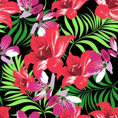 Plexiglas foto achterwand Palm leaves. Seamless pattern with leaves of tropical plants with blooming flowers. Vector floral design. Set. © podtin