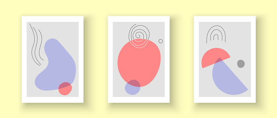 Creative posters for wall decoration in modern minimalist art style. Abstract lines and shapes. Design for postcards, brochures, print and social media. Vector illustration.