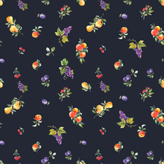 Beautiful seamless pattern with hand drawn watercolor tasty summer pear apple grape cherry plum fruits. Stock illustration.