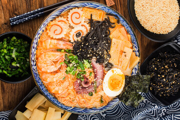 Miso Ramen Asian noodles with，  Fried noodles with cuttlefish sauce