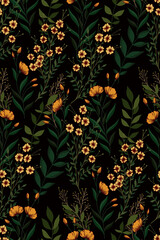 Vintage floral print with a variety of wild plants. Seamless pattern with flowers and herbs on a dark background. Vector.