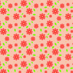 Seamless floral pattern. Vector illustration with red flowers and green leaves