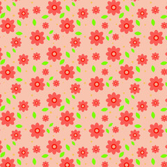 Seamless floral pattern. Vector illustration with red flowers and green leaves