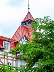 Zelenogradsk, Russia, June 28, 2021. Architectural ensemble in the area of ​​historical urban development. Typical fragment of facade