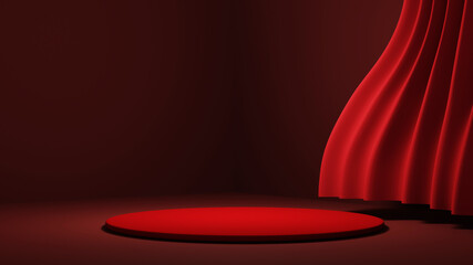 3D rendering of Podium for displaying products in the red room background. Mockup for show product.