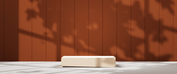 3D rendering of Square stone podium for displaying products on a brown background and shadow from the window background. Mockup for show product.