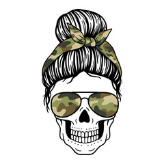 Female skull with aviator glasses bandana and camouflage print. Mom skull with messy bun. Vector illustration.  Isolated on white background. Good for posters, t shirts, postcards.
