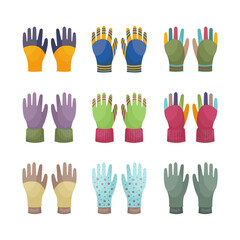 A large set with warm autumn knitted gloves of different colors. Bright gloves to protect your hands from the cold, for walking in autumn and winter weather. Vector illustration on a white background