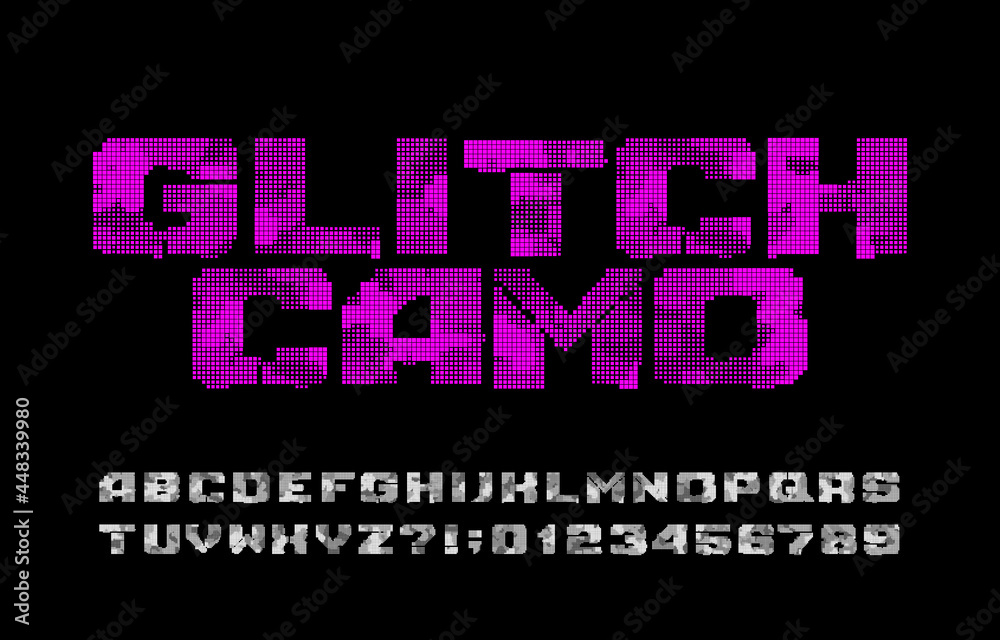 Fototapete glitch camo alphabet font. digital camouflage letters and numbers. vector typeface for your design.