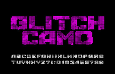 Glitch camo alphabet font. Digital camouflage letters and numbers. Vector typeface for your design.