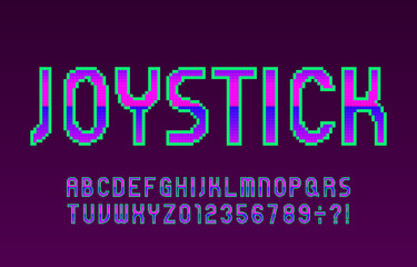 Joystick alphabet font. Pixel letters and numbers in 80s video game style. Stock vector typeface.