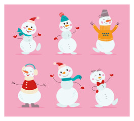 Set of funny different snowman characters in hat, scarf, sweater stand, dance and wave isolated. Vector flat cartoon illustration. For cards, party flayers, invitations, banners, packaging, patterns.