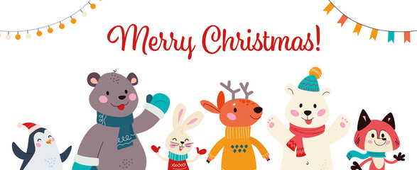 Christmas banner with group of cute winter animals. Polar bear, deer, penguin, fox, rabbit isolated. Vector flat cartoon illustration. For cards, invitations, placards, packaging.