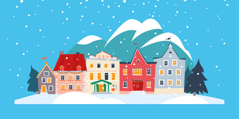 Beautiful winter snowy city with cozy houses in mountains landscape isolated design. Vector flat cartoon illustration. For banners, invitations, packaging, placards, cards, flayers.