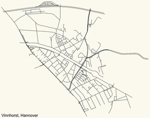 Black simple detailed street roads map on vintage beige background of the quarter Vinnhorst borough district of Hanover, Germany